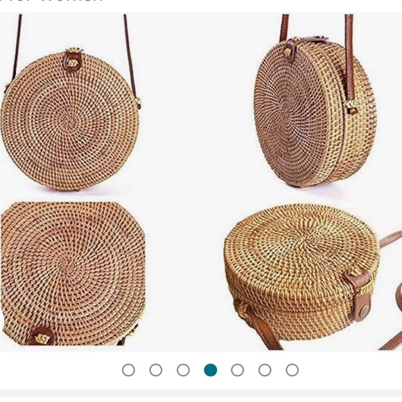 Handwoven Round Rattan Bag Shoulder Leather Straps - Picture 5 of 6